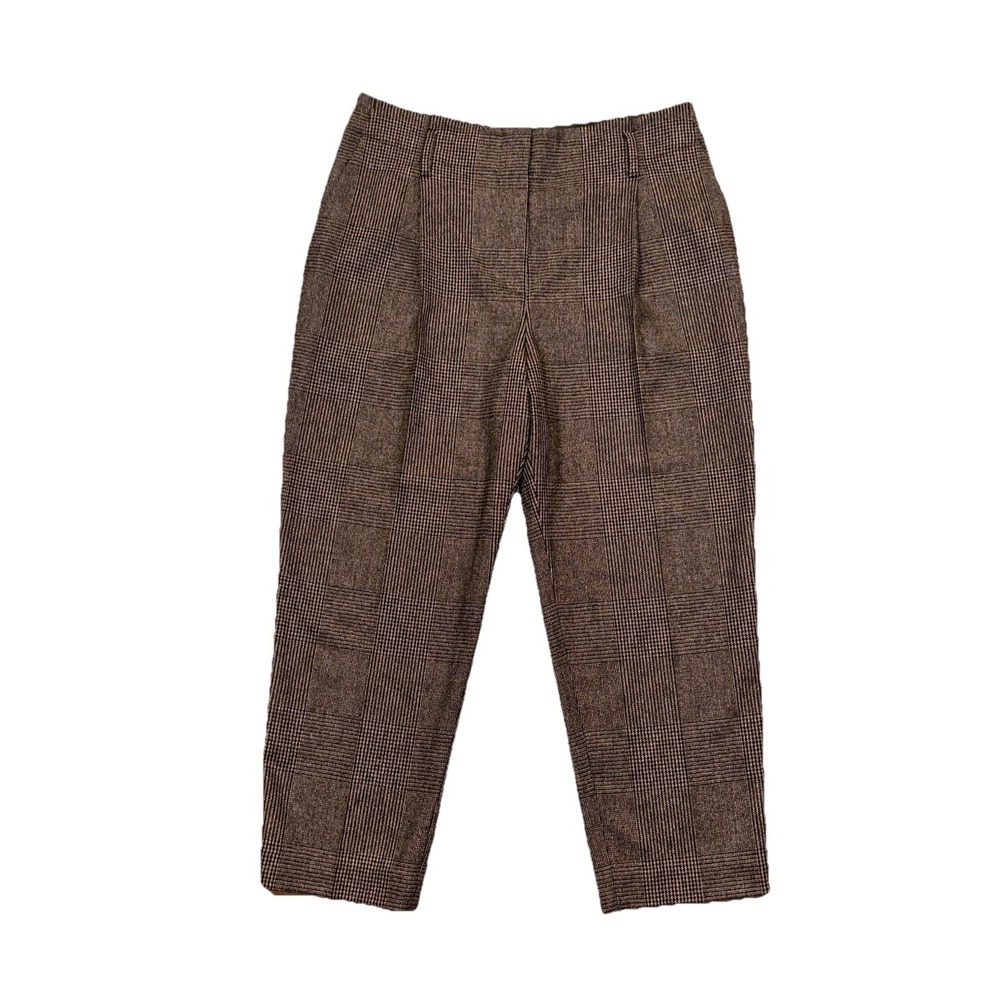 Brunello Cucinelli Brown Black Wool Plaid Pants Pleated Front Women's Size 12